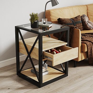 End Table with Storage Drawer and Tempered Glass Top for Living Room