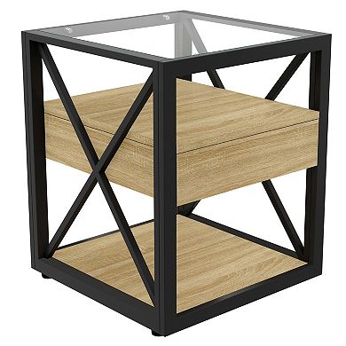 End Table with Storage Drawer and Tempered Glass Top for Living Room