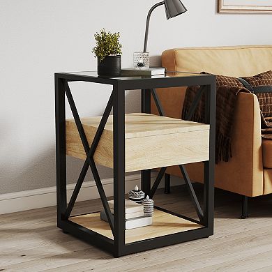 End Table with Storage Drawer and Tempered Glass Top for Living Room