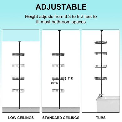 Corner Shower Caddy Tension Pole with 4 Tier Shelves, Adjustable Bathroom Organizer