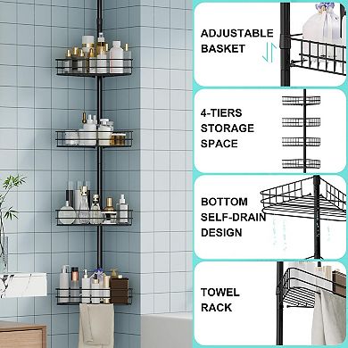 Corner Shower Caddy Tension Pole with 4 Tier Shelves, Adjustable Bathroom Organizer