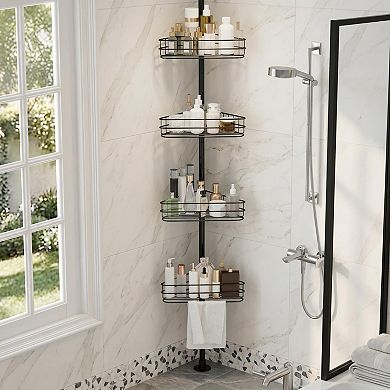 Corner Shower Caddy Tension Pole with 4 Tier Shelves, Adjustable Bathroom Organizer