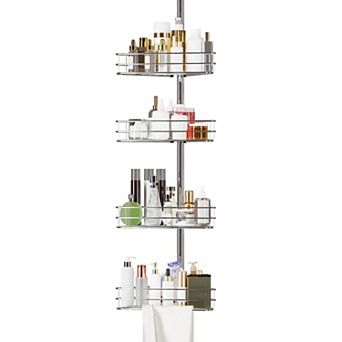 Corner Shower Caddy Tension Pole with 4 tier Shelves, Adjustable Bathroom Organizer