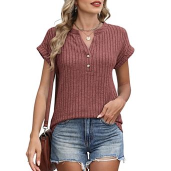 Women's Ribbed Knit T-Shirt V-Neck Henley Button Batwing Short Sleeve Casual Top