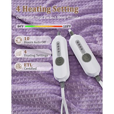 Waffle Flannel Heated Electric Blanket With Dual Control, 4 Heat Settings, Auto Off