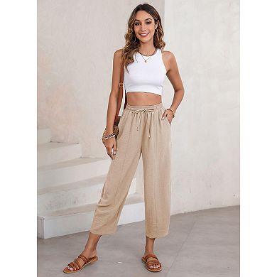 Women's Drawstring Cropped Pants Pockets Loose Fit Casual Harem Pants Summer Lightweight Lounge Pant