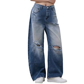 Women's Distressed Baggy Jeans High Waist Vintage Wide Leg Denim Pants