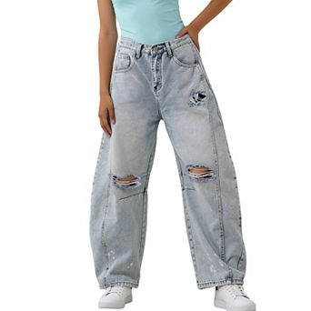 Women's Distressed Baggy Jeans High Waist Vintage Wide Leg Denim Pants