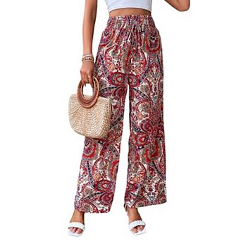 Women's Print Wide Leg Pants High Waist Drawstring Casual Bohemian Vacation Loose Fit Trousers