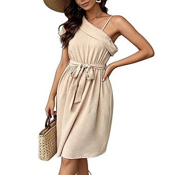 Womens Asymmetrical Off Shoulder Swiss Dot Midi Dress Waist Tie Elegant Dresses