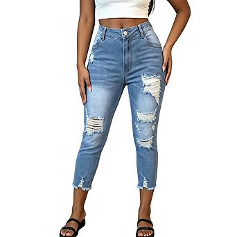 Womens High Waist Distressed Skinny Jeans Cropped Frayed Hem Denim Pants