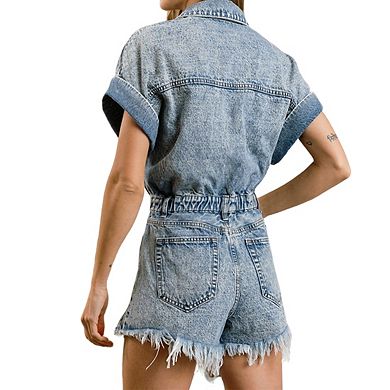 Womens Denim Romper Collared Neckline Short Sleeve Frayed Hem Jumpsuits Shorts