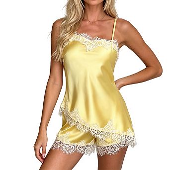 Womens Satin Lace Trim Sleeveless Adjustable Straps Cami Top And Shorts Loungewear Set