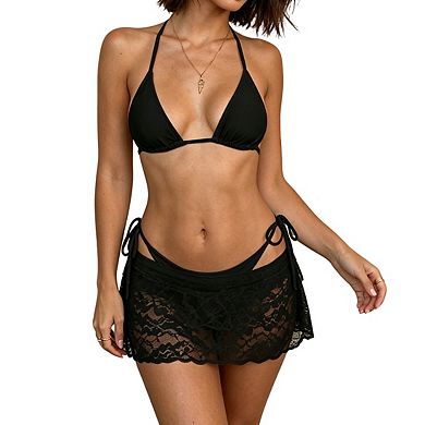 Womens Three Piece Swimsuit With Triangle Halter Top And Lace Skirted Cover Up Bikini