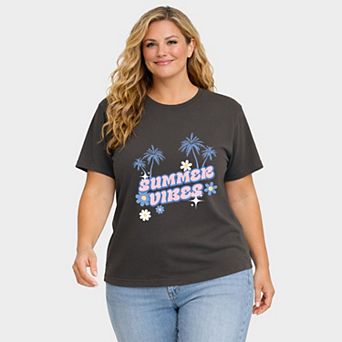 Summer Vibes Palm Trees Floral - Women's Plus Sized Garment Dyed Graphic T-Shirt