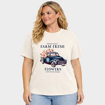 Farm Fresh Flowers Truck - Women's Plus Sized Garment Dyed Graphic T-Shirt