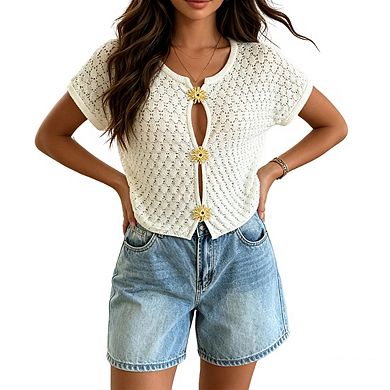 Womens Open Knit Short Sleeve Cardigan Decorative Buttons Loose Fit Casual Tops