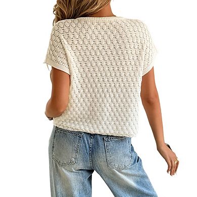 Womens Open Knit Short Sleeve Cardigan Decorative Buttons Loose Fit Casual Tops