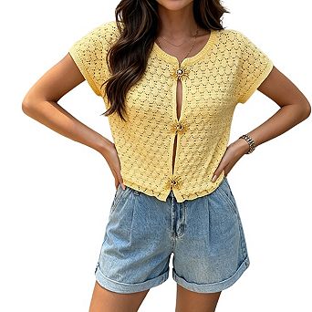 Womens Open Knit Short Sleeve Cardigan Decorative Buttons Loose Fit Casual Tops
