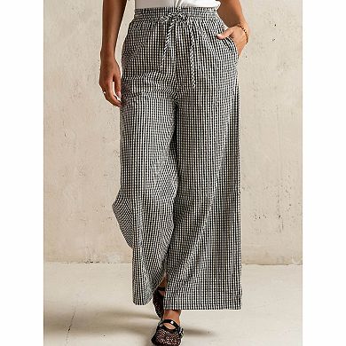 Women's Gingham Print Drawstring Wide Leg Pants
