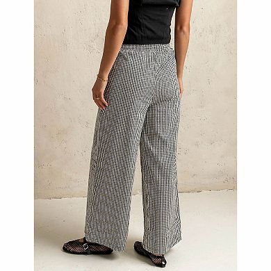 Women's Gingham Print Drawstring Wide Leg Pants