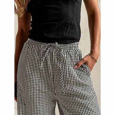 Women's Gingham Print Drawstring Wide Leg Pants