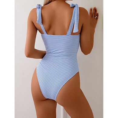 Women's Striped Tie-Shoulder One-Piece Swimsuit Underwire Bustier Bathing Suit for Tummy Control