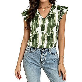 Womens V Neck Printed Blouse Ruffle Cap Sleeve Casual Sleeveless Tops