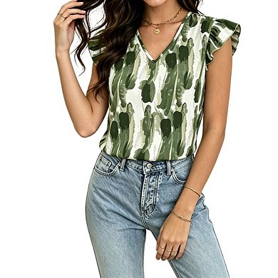 Womens V Neck Printed Blouse Ruffle Cap Sleeve Casual Sleeveless Tops