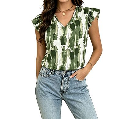 Womens V Neck Printed Blouse Ruffle Cap Sleeve Casual Sleeveless Tops