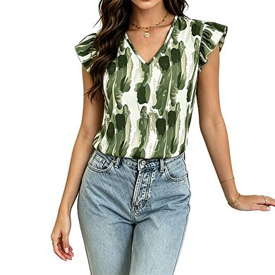 Womens V Neck Printed Blouse Ruffle Cap Sleeve Casual Sleeveless Tops