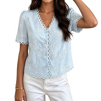 Womens Floral Embroidered Blouse V Neck Lace Puff Sleeves Elegant Tops