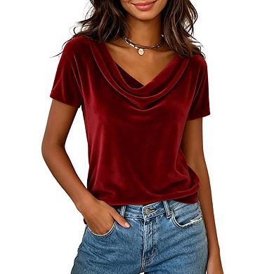 Womens Cowl Neck Top Short Sleeves Relaxed Fit Casual Shirt Blouse