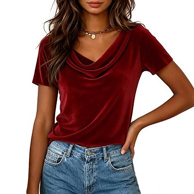 Womens Cowl Neck Top Short Sleeves Relaxed Fit Casual Shirt Blouse