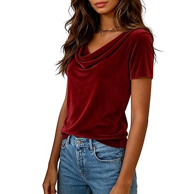Womens Cowl Neck Top Short Sleeves Relaxed Fit Casual Shirt Blouse