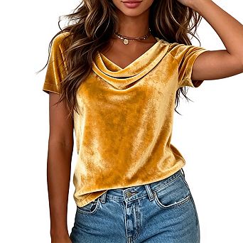 Womens Cowl Neck Top Short Sleeves Relaxed Fit Casual Shirt Blouse