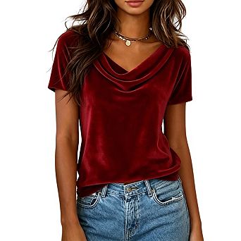 Womens Cowl Neck Top Short Sleeves Relaxed Fit Casual Shirt Blouse