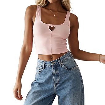 Womens Cropped Tank Top Heart Cutout Square Neck Wide Straps Casual Shirts