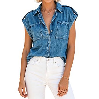 Womens Sleeveless Denim Shirt Collared Neck Rolled Cap Sleeves Casual Tops
