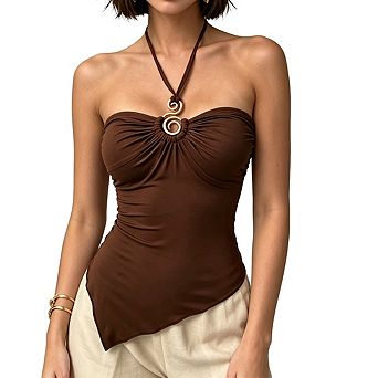Womens Halter Neck Ruched Top Statement Spiral Detail Asymmetric Hem Tops