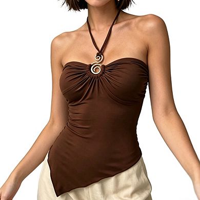 Womens Halter Neck Ruched Top Statement Spiral Detail Asymmetric Hem Tops