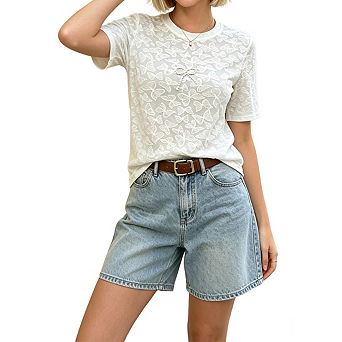 Womens Short Sleeve Tee Butterfly Embossed Crew Neck Pearl Bow Detail Tops