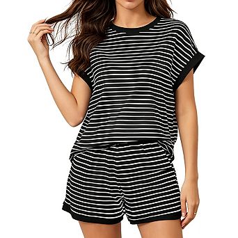 Womens Striped Knit Two Piece Loungewear Set With Crop Top And Elastic Waist Shorts