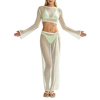 Womens Crochet Knit Two Piece Beach Cover Up Set With Bell Sleeve Top And Wrap Maxi Skirt