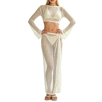 Womens Crochet Knit Two Piece Beach Cover Up Set With Bell Sleeve Top And Wrap Maxi Skirt
