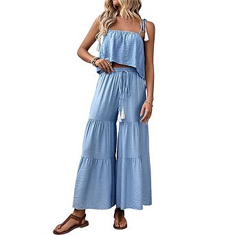 Women's Summer 2 pc Loungewear Set Cropped Spaghetti Strap Tank Top Wide Leg Pant Casual Outfits
