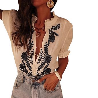 Women Boho Floral Embroidered Ruffle Neck Short Puff Sleeve Blouse
