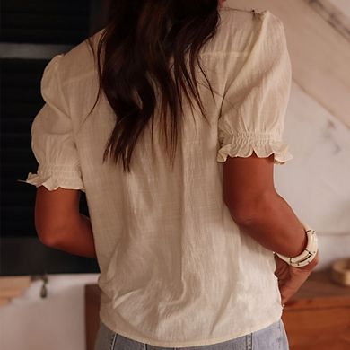 Women Boho Floral Embroidered Ruffle Neck Short Puff Sleeve Blouse