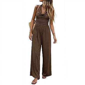 Halter Sleeveless Backless Jumpsuit, Women Cowl Neck Ribbed Texture Solid Casual Romper