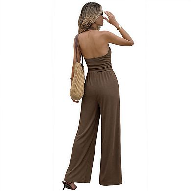 Halter Sleeveless Backless Jumpsuit, Women Cowl Neck Ribbed Texture Solid Casual Romper